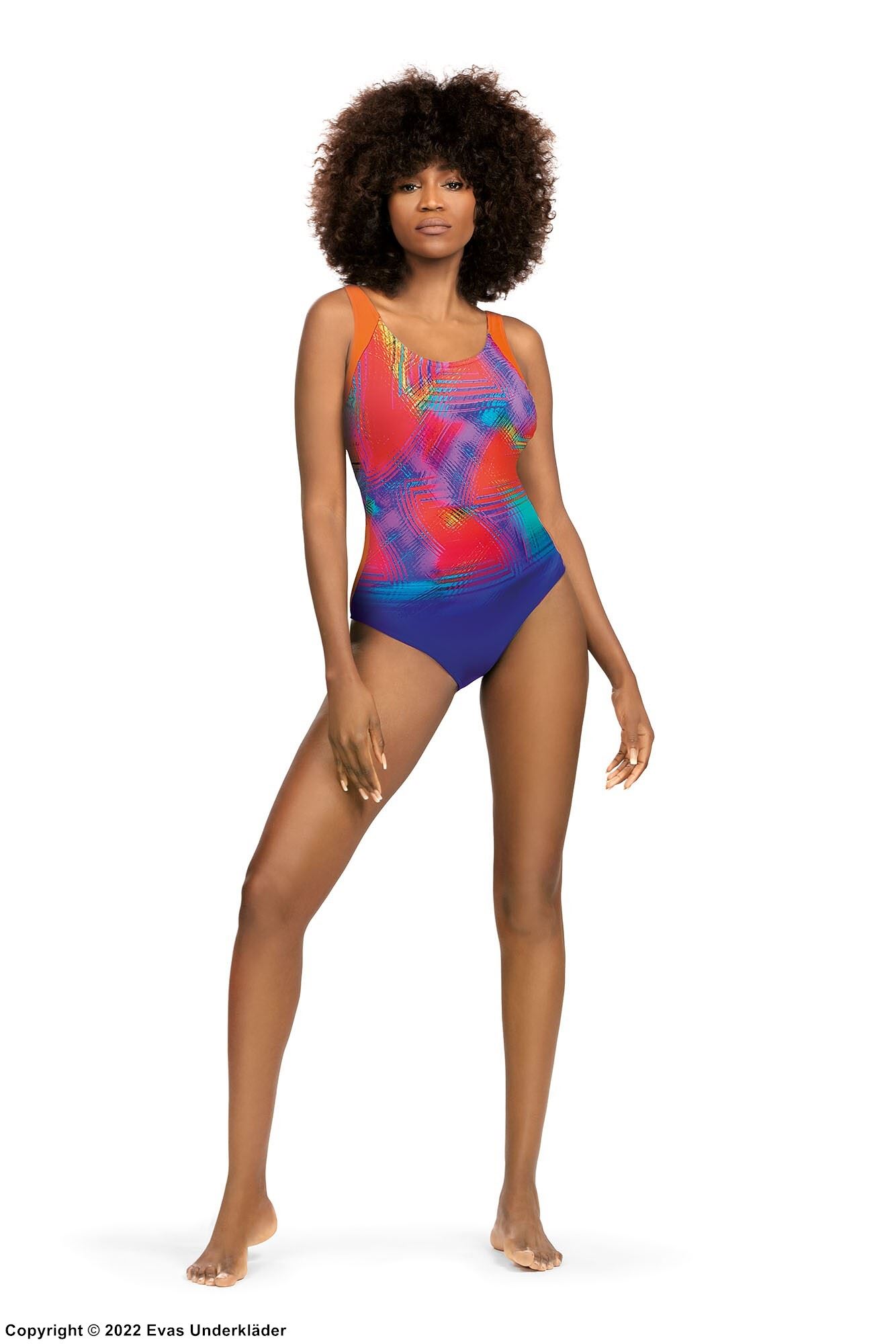 One-piece swimsuit, wide shoulder straps, cheerful colors